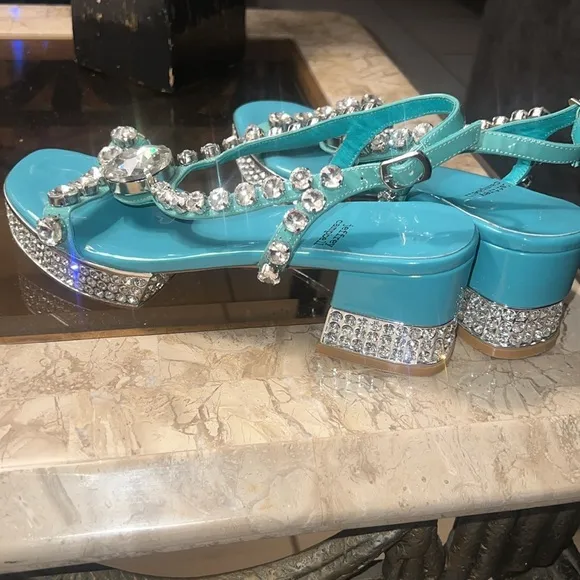 💎 JEFFREY CAMPBELL Tiffany blue silver diamond rhinestone platform heels sz 9