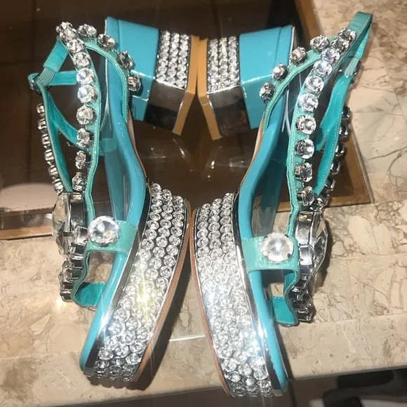 💎 JEFFREY CAMPBELL Tiffany blue silver diamond rhinestone platform heels sz 9