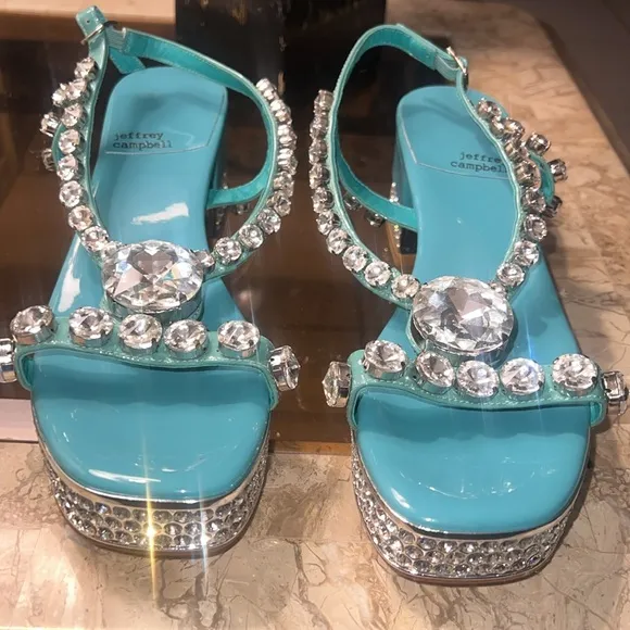 💎 JEFFREY CAMPBELL Tiffany blue silver diamond rhinestone platform heels sz 9