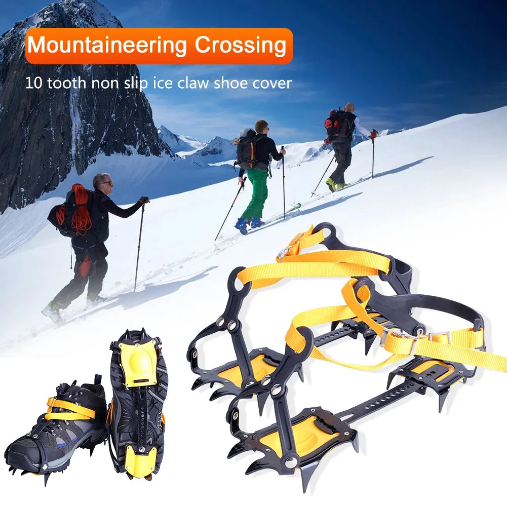 1 Pair Heavy-Duty Ice Crampons – 10-Tooth Stainless Steel Snow Grips with Adjustable Nylon Straps & Carry Bag for Hiking, Climbing, Fishing