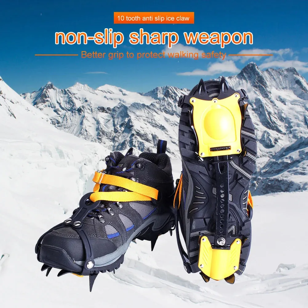 1 Pair Heavy-Duty Ice Crampons – 10-Tooth Stainless Steel Snow Grips with Adjustable Nylon Straps & Carry Bag for Hiking, Climbing, Fishing