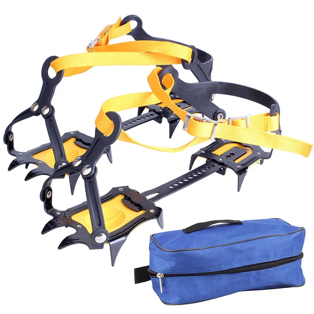 1 Pair Heavy-Duty Ice Crampons – 10-Tooth Stainless Steel Snow Grips with Adjustable Nylon Straps & Carry Bag for Hiking, Climbing, Fishing