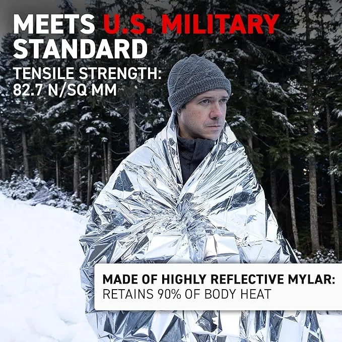 72 HRS Extra Large MIL-SPEC Emergency Mylar Thermal Blanket (Pack of 60) Heat Space Survival Blankets for Car, First Aid Kit, Hiking, and Shelter