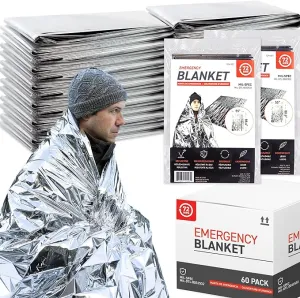 72 HRS Extra Large MIL-SPEC Emergency Mylar Thermal Blanket (Pack of 60) Heat Space Survival Blankets for Car, First Aid Kit, Hiking, and Shelter