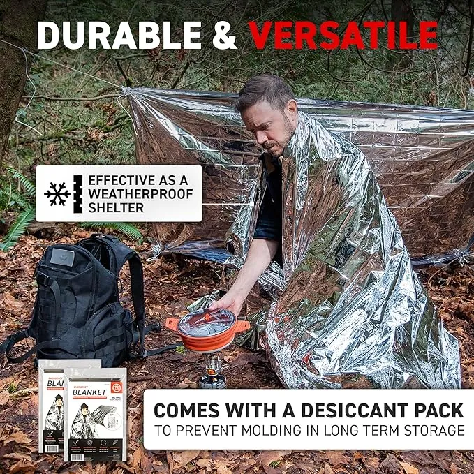 72 HRS Extra Large MIL-SPEC Emergency Mylar Thermal Blanket (Pack of 60) Heat Space Survival Blankets for Car, First Aid Kit, Hiking, and Shelter