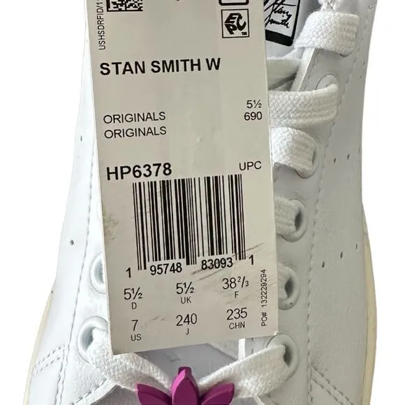 Adidas Original Stan Smith Butterfly Touched Women’s Athletic Shoe Size 7 White