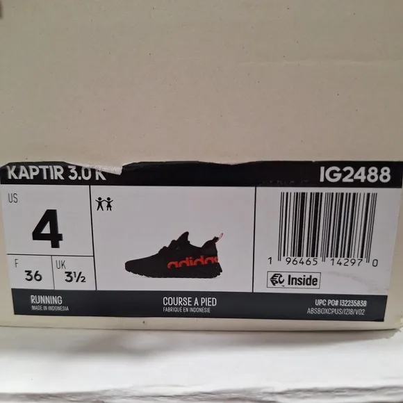 Adidas Unisex Kaptir 3.0‎ Black Lace-Up Running Shoes  Size 4 Youth IG2488 NEW
