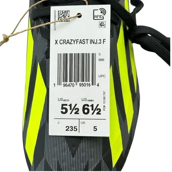 Adidas X Crazyfast INJ.3 FG Cleats Unisex Men 5.5 Women 6.5 Black Grey Lime