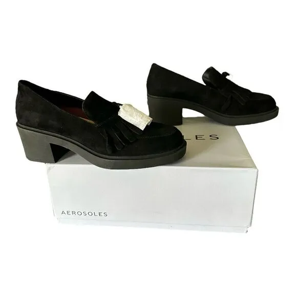 Aerosoles Gibes Black Suede Women’s Chunky Block Heel Shoes Size 9.5