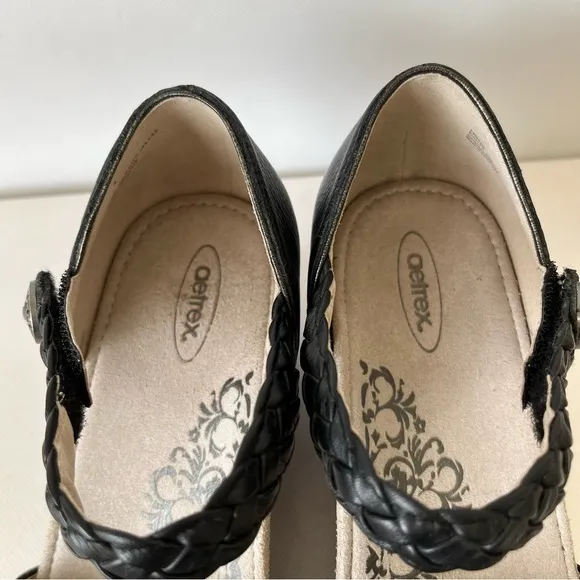 Aetrex Mia Leather Wedge Snake Print Black Mary Jane Shoes
