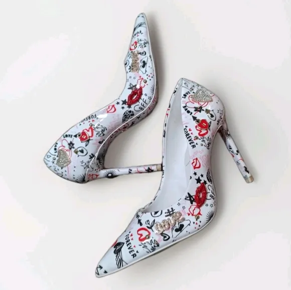 ALDO Stessy 2.0 Stiletto Pump 3.75&quot; Heel Pillow Walk Hearts Lips Love Sz 8.5 EUC