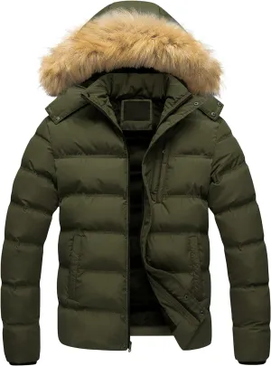 Army Green Men's Puffer Jacket Hooded Fur