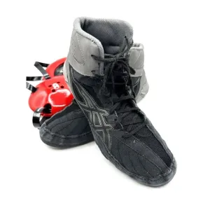ASICS Snapdown II Shoes Men’s Black Gray Wrestling Mat shoes Size 10   Head gear