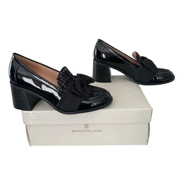 Bandolino Women's Black Loafer Heels Bandolino Korrar Bow Loafer Black Patent
