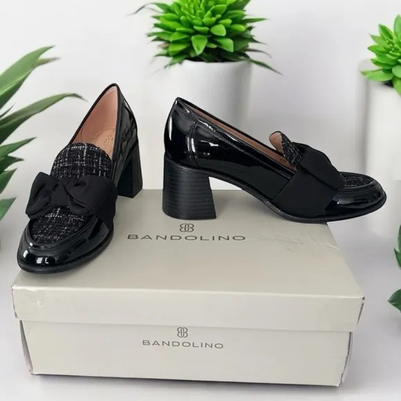 Bandolino Women's Black Loafer Heels Bandolino Korrar Bow Loafer Black Patent