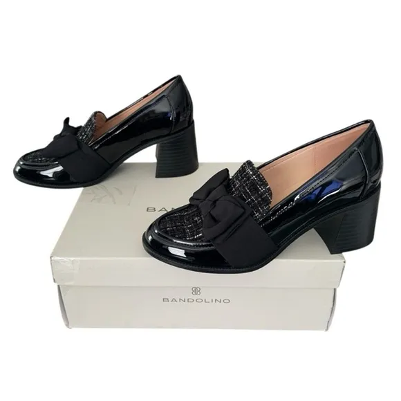 Bandolino Women's Black Loafer Heels Bandolino Korrar Bow Loafer Black Patent