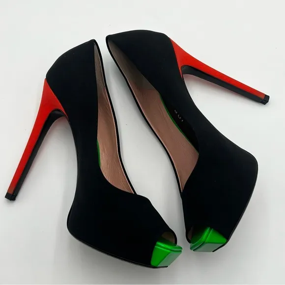 Barbara Bui Paris Made in Italy Stiletto Peep Toe Pumps Black Orange Green