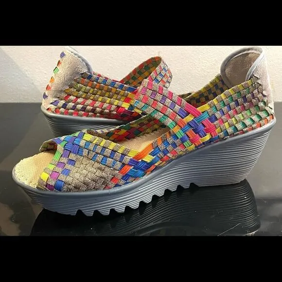 Bennie Mev Calypso Peep Toe Wedge Heel Woven Shoes WMS SZ 39/8.5-9 M.