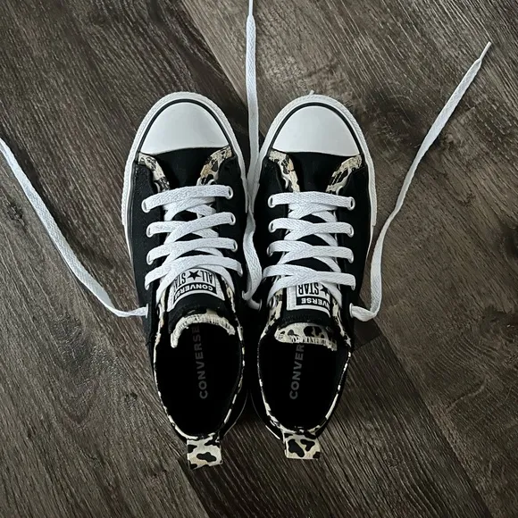 Black and Leopard Low Top Converse Double Collar Big Eyelets Girls Womens Shoes