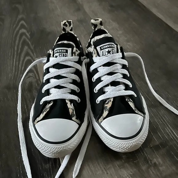 Black and Leopard Low Top Converse Double Collar Big Eyelets Girls Womens Shoes