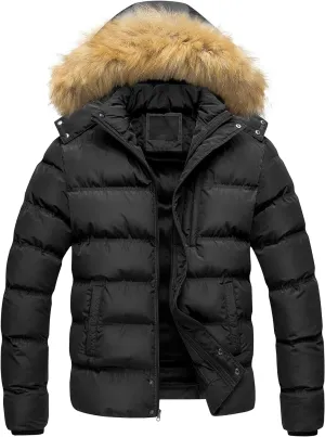 Black Men's Puffer Jacket Hooded Fur