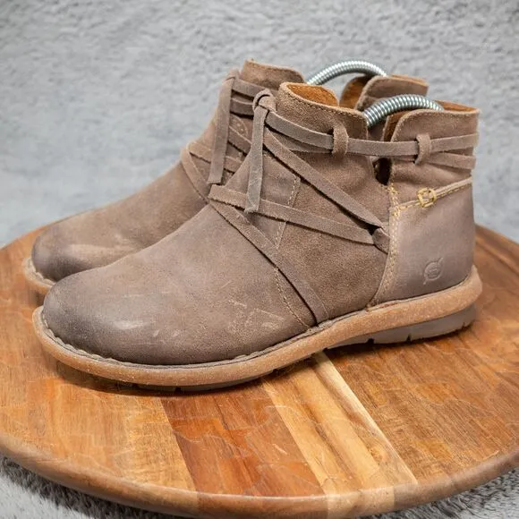 Born Women’s 7 Tarklin Taupe Suede Leather Bohemian Ankle Boots