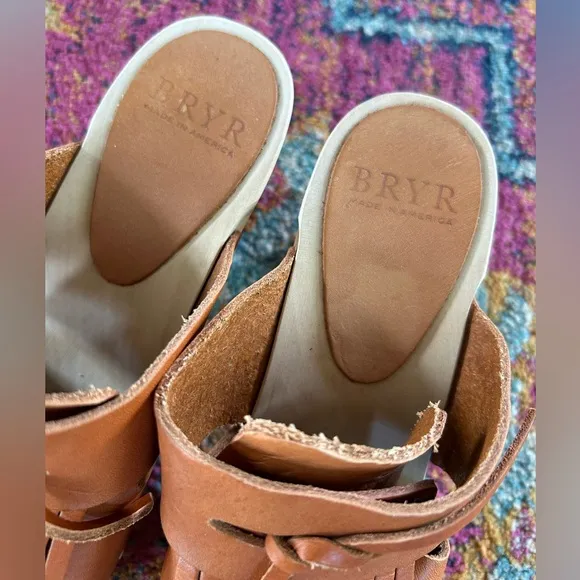BRYR | Women's Tan Leather Penny Tassel Clog Mid Heel, peek a boo sides, sz 6.5