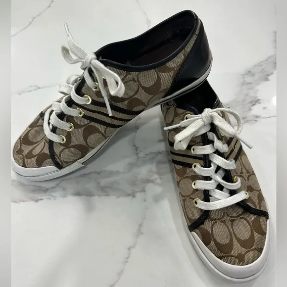 Coach Folly Women’s Lace Up Low Top Brown Monogram Sneaker Shoes Size 9