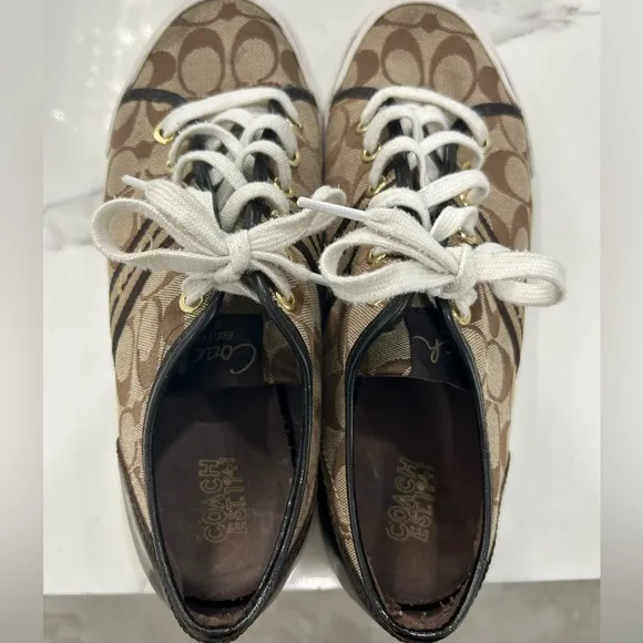 Coach Folly Women’s Lace Up Low Top Brown Monogram Sneaker Shoes Size 9