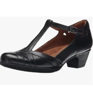 Cobb Hill Angelina T-Strap Black Leather Dress Sandal Heeled Shoe Women's Size 9