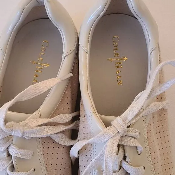 Cole Haan Beige Patent Leather Suede Perforated Lace Up Sneaker Shoes Size 6