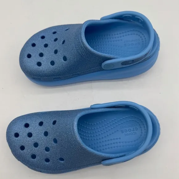 Crocs Glitter Clogs Kids Cutout Detail Slip On Sandals Blue Size J1