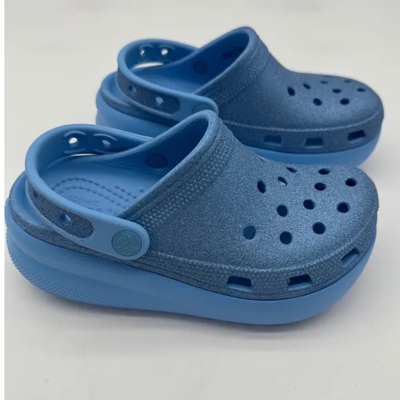 Crocs Glitter Clogs Kids Cutout Detail Slip On Sandals Blue Size J1