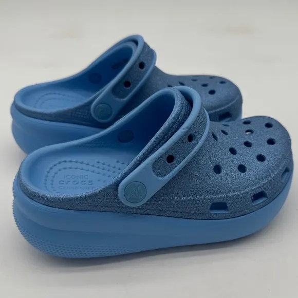 Crocs Glitter Clogs Kids Cutout Detail Slip On Sandals Blue Size J1