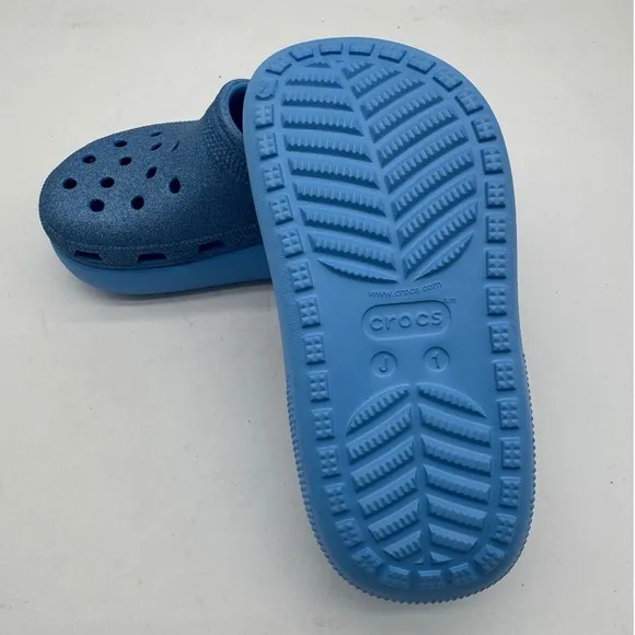 Crocs Glitter Clogs Kids Cutout Detail Slip On Sandals Blue Size J1