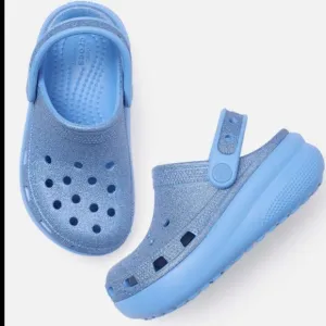 Crocs Glitter Clogs Kids Cutout Detail Slip On Sandals Blue Size J1