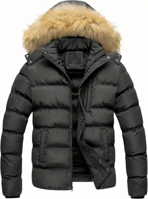 Dark Grey Puffer Jacket Hooded Fur