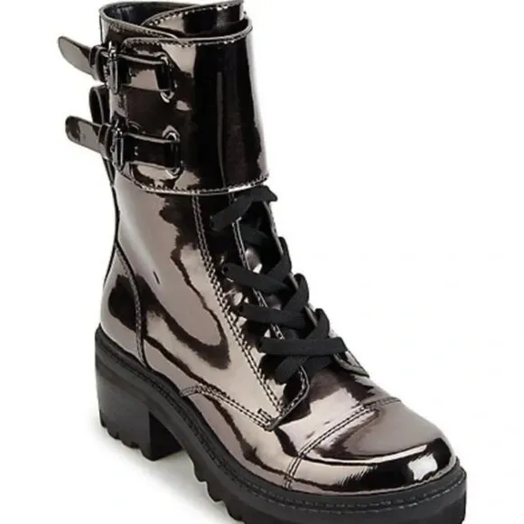 DKNY Women's Lace Up Bootie Combat Boot, Gunmetal, Size 9M