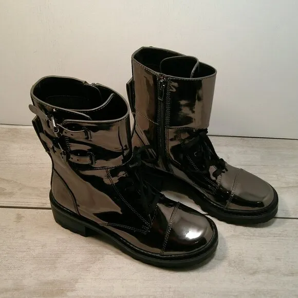 DKNY Women's Lace Up Bootie Combat Boot, Gunmetal, Size 9M