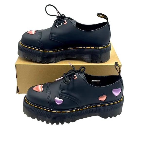 Dr. Martens 1461 Black Quad Heart Platform Derby Shoes Size 9
