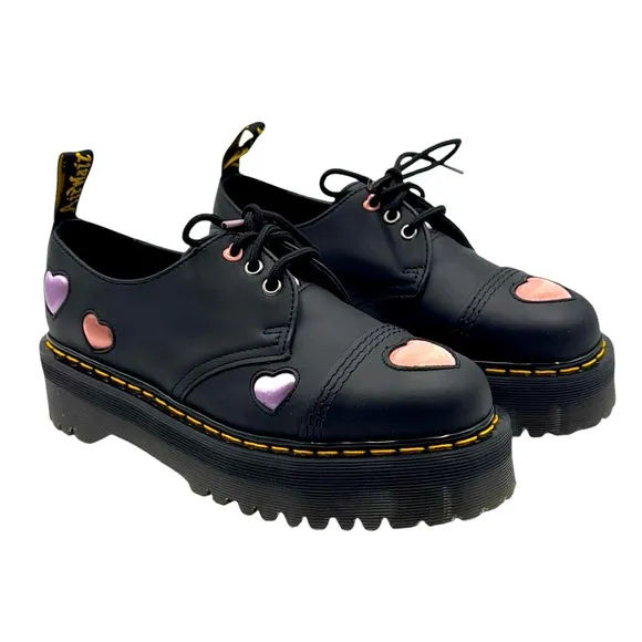 Dr. Martens 1461 Black Quad Heart Platform Derby Shoes Size 9