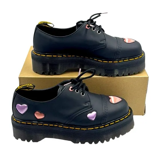 Dr. Martens 1461 Black Quad Heart Platform Derby Shoes Size 9