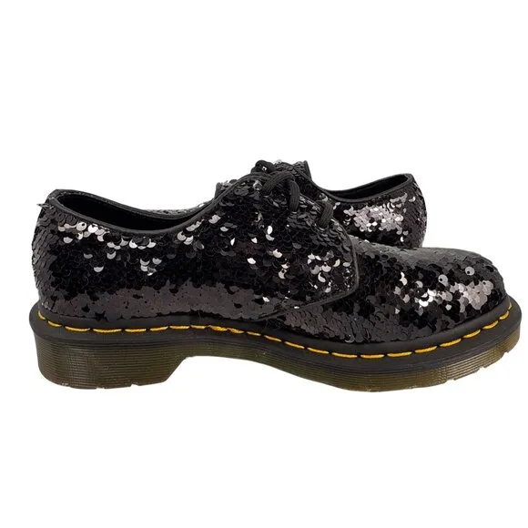 Dr. Martens Women's 1461 Black Silver Sequin Oxford Shoes Sz EU 39 US W8 RARE!
