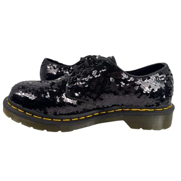Dr. Martens Women's 1461 Black Silver Sequin Oxford Shoes Sz EU 39 US W8 RARE!