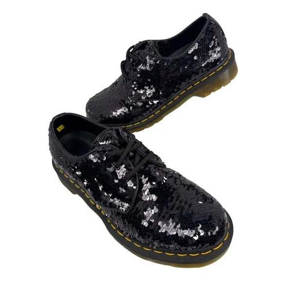 Dr. Martens Women's 1461 Black Silver Sequin Oxford Shoes Sz EU 39 US W8 RARE!