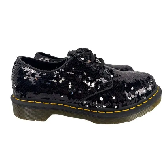 Dr. Martens Women's 1461 Black Silver Sequin Oxford Shoes Sz EU 39 US W8 RARE!