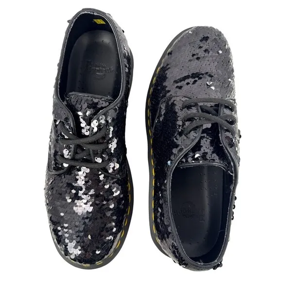 Dr. Martens Women's 1461 Black Silver Sequin Oxford Shoes Sz EU 39 US W8 RARE!
