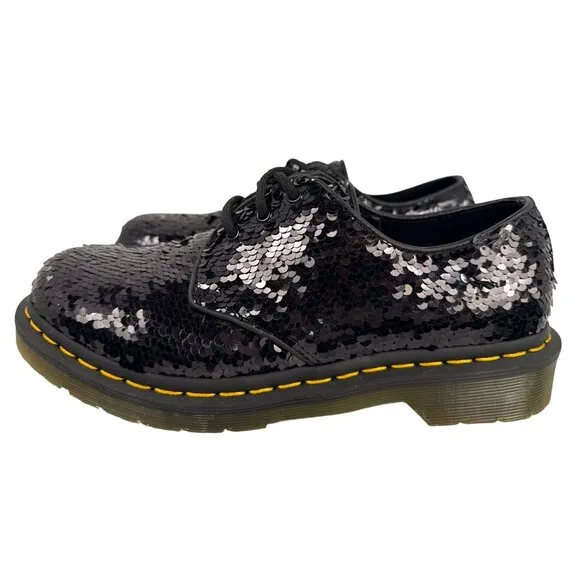 Dr. Martens Women's 1461 Black Silver Sequin Oxford Shoes Sz EU 39 US W8 RARE!
