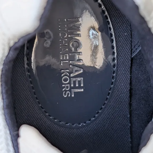 EUC Michael Kors Georgie Mixed-Media Trainer Size 7 Navy and White