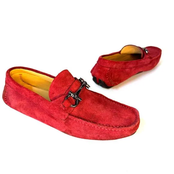 FERRAGAMO Parigi Suede Driving Loafers Men's 7 Slip-On Bit Buckle Italy Unisex